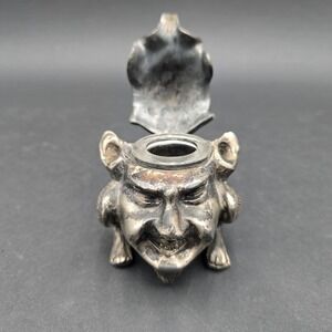 Vintage Gothic Devil Troll Figural Inkwell Silver Tone Metal with Glass Insert